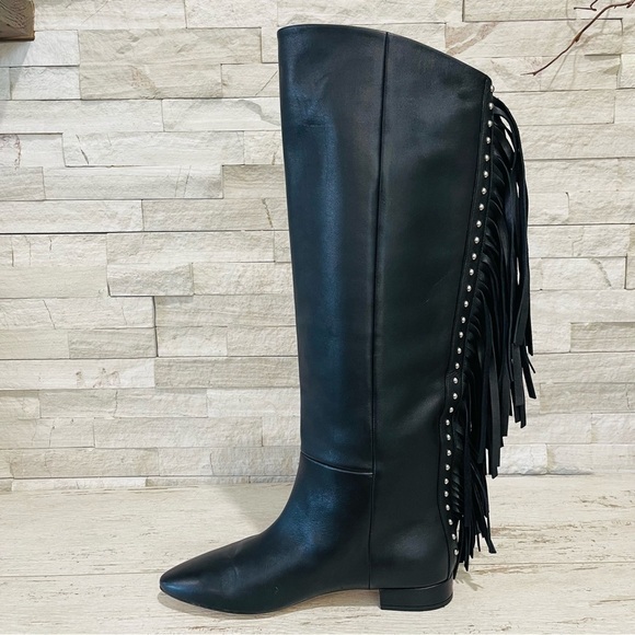 Saint Laurent Dana Black Leather Fringe Studded Knee High Boots Size 35 $1890 - Picture 11 of 15